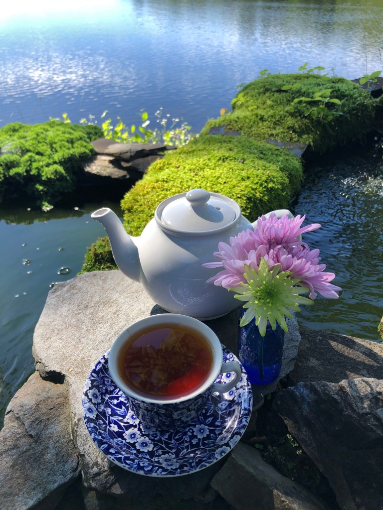 Teacup and teapot among moss on a stream